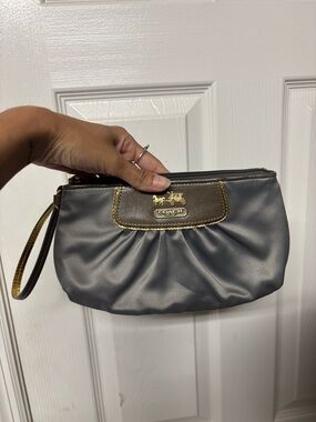 Coach Metallic Grey Wristlet Mini Bag Gold Logo